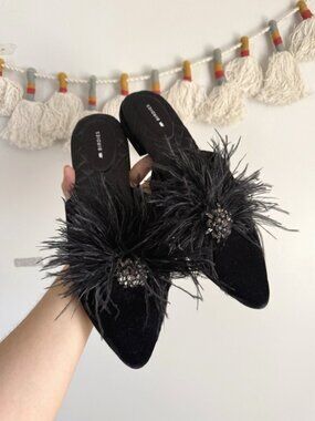 Birdies Dove Feathered Brooch Jewel Mules Black Slip On Date Night Evening 10.5